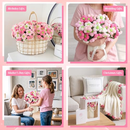 WovWeave Daisy Gifts Basket Set - 43.31 Inch Finished Flower Crochet Knitted Blanket Gift Bag Card Envelope Blanket for Her Mom Girlfriend Women Birthday Wedding Gifts Ideas - color: Pink White, size: 43.31 Inch, style: Daisy