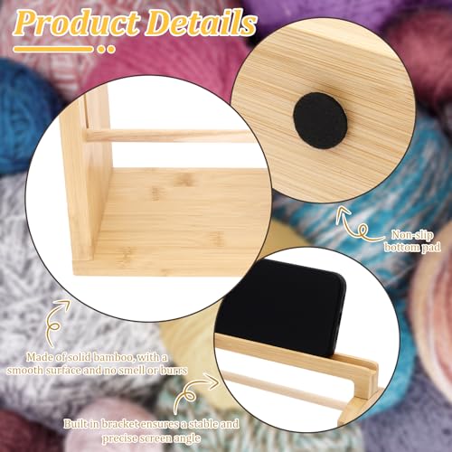 Yarn Holder for Crocheting and Knitting, Bamboo Wooden Yarn Spinner Storage Organizer with Built-in Phone Stand, Tangle-Free Dual Rods and Crocheting Tool Holder, Works with Skein,Cake,Ball