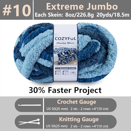 Cozyful Chunky Yarn for Hand Knitting - #10 Chunky Chenille Blanket Yarn, Jumbo Big Thick Chunky Yarns for Crocheting, Tie Dye Bulky Knit Yarns, 8 Skein (20 yds 8 oz Each Skein), Navy & Multi Blue - color: Navy & Multi Blue