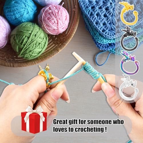 HUISUYTON Dragon Crochet Rings, 4Pcs Crochet Tension Rings | Adjustable Yarn Ring for Finger, Knitting Crochets Loop Ring for Women Mother Grandma Gifts - color: Colorful