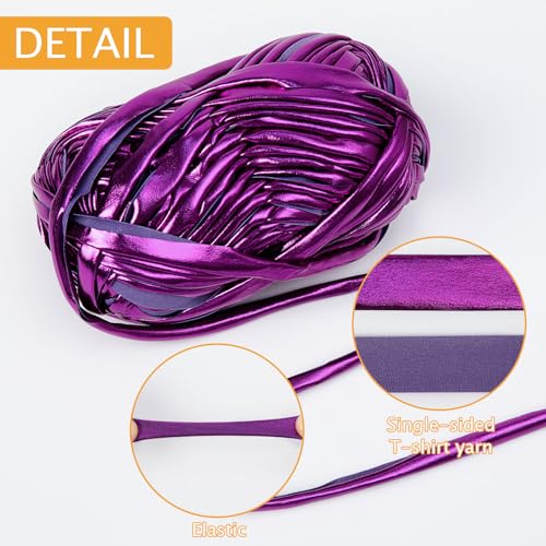 NICEEC 2 Skeins Metal T-Shirt Yarn Single-Side- Bright Purple | Bright, Glossy, Crochet & Knitting, Fabric Cloth Yarn Handmade DIY Craft Bag Basket Cushion-Totle Length 64yds(7.1oz) - color: Bright Purple, size: Single-Side