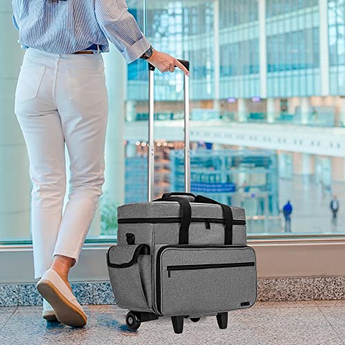Teamoy Rolling Sewing Machine Case with Wheels, Gray | Compatible with Singer, Brother and Most Majority Machines and Accessories, with Detachable Wheels and Bottom Wooden Pad - color: Gray