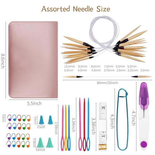 WAZAIGUR 32inch/81cm Bamboo Circular Knitting Needles Set, 3mm- 10mm | Include Many Knitting Accessories, 13 Sizes, With Case, Ideal Beginners Knitting needle Kit for Various Knitting Projects