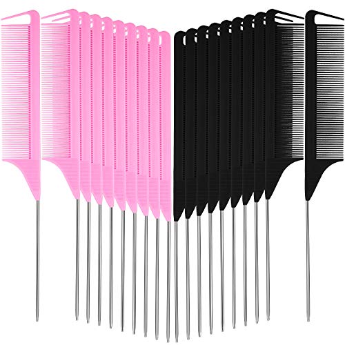Patelai 30 Pcs Rat Tail Steel Combs Fine Tooth Bulk,Black and Pink | Long Steel Pin Pintail Bulk for Salon Hair Stylists ,Hair Teasing Fine Tooth Comb for Women,Teasing Detangling Tools - color: Black and Pink