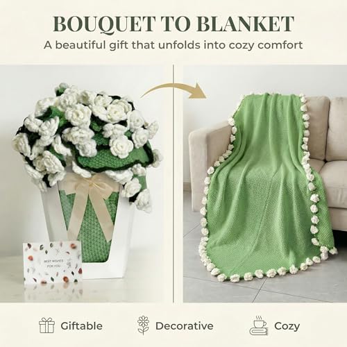 Camellia Crochet Flower Bouquet Blanket, Handmade Knitted Throw Blanket | Christmas, Valentines, Mothers Day, Birthday Unique White Camellia Gifts for Mom Wife Grandma Best Friend Teacher, 43 Inch - color: Camellia, size: Medium