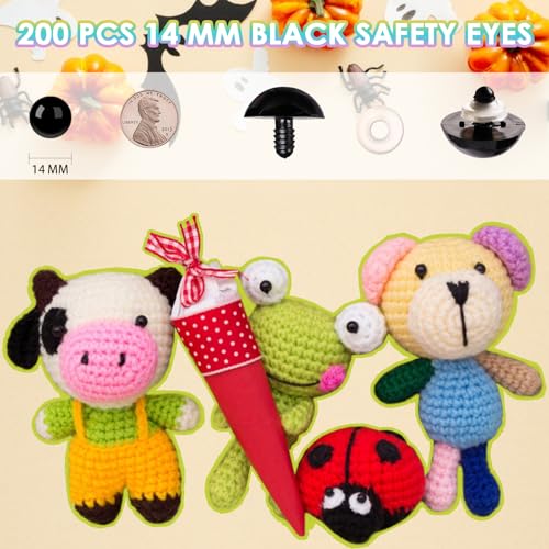 MUCUNNIA 400pcs 14mm Safety Eyes for Amigurumi with Washers Plastic Black Safety Eyes for Crochet Craft Safety Eyes for DIY Christmas Decorations Crochet Stuffed Animals Crafting - size: 14mm