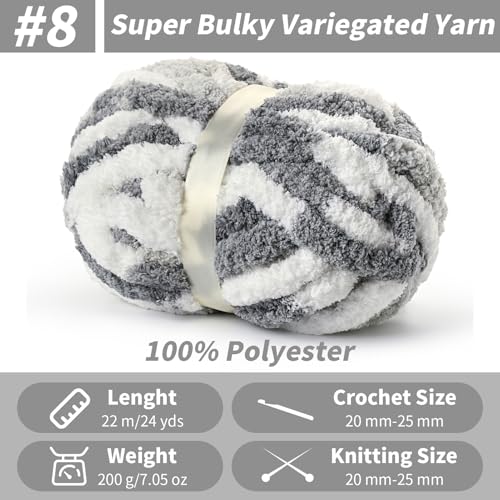 Chunky Jumbo Chenille Yarn White-Grey 10 Pack | 2000g/240yds Super Bulky Baby Soft Yarn for Hand Knitting Fluffy Chunky Knit Throw Blanket Yarn - color: White-Grey