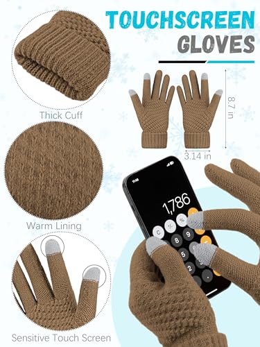 LOROME Winter Beanie Hat Scarf Gloves, Warm Fleece Knit Neck Scarf Set Gift | Hats Gloves Scarf Set, Touchscreen Gloves, Universal Size Neck Scarf Set Winter Gifts for Unisex Adult Winter Wear - color: Khaki