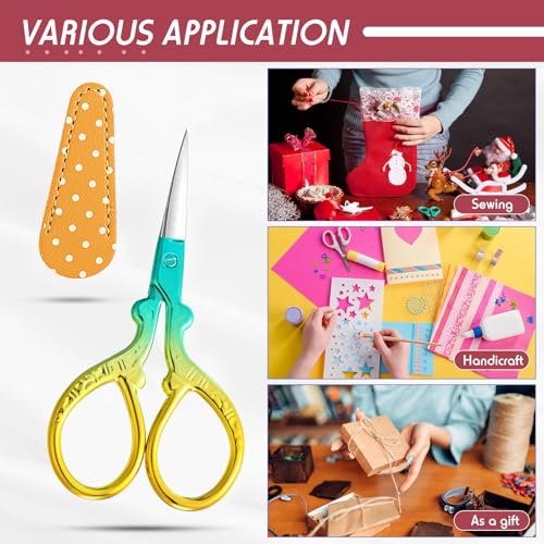 Honoson 4 Pcs Small Embroidery Scissors, 3.6", Simple, Classic Colors | Sewing Scissors with Leather Cover, Sharp Tip for Needlework Cross Stitch Crochet Knitting Craft, Stainless Steel Stork Shear - color: Classic Colors