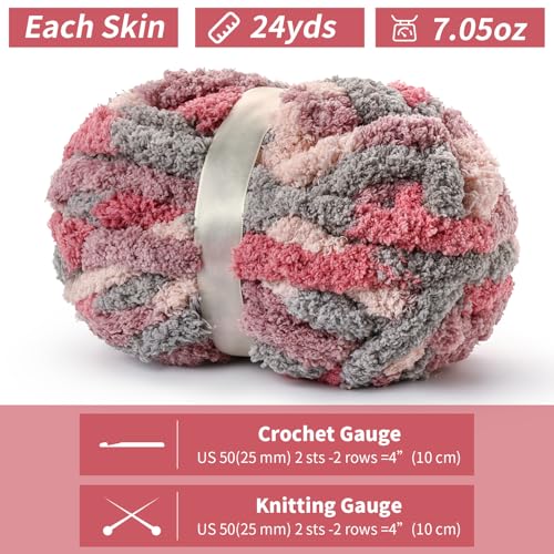 10 Pack Jumbo Chunky Yarn for Hand Knitting, Fluffy Chunky Chenille Yarn for Crocheting, Variegated Chunky Knit Baby Blanket Yarn, 240 yds /70.5 oz Super Bulky Yarn（Grey-Pink-Purple） - color: 10 Grey-Pink-Purple