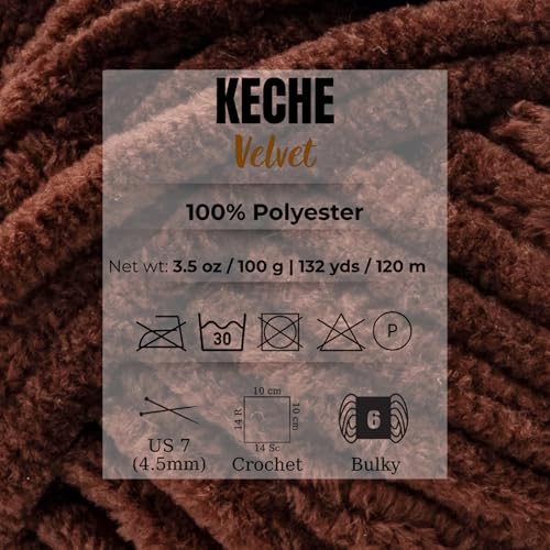 Keche Velvet Yarn for Crocheting, Soft Chenille Bulky Baby Blanket Amigurumi Yarn 100 gr (132 yds) - Brown - color: BROWN, size: 1 SKEIN