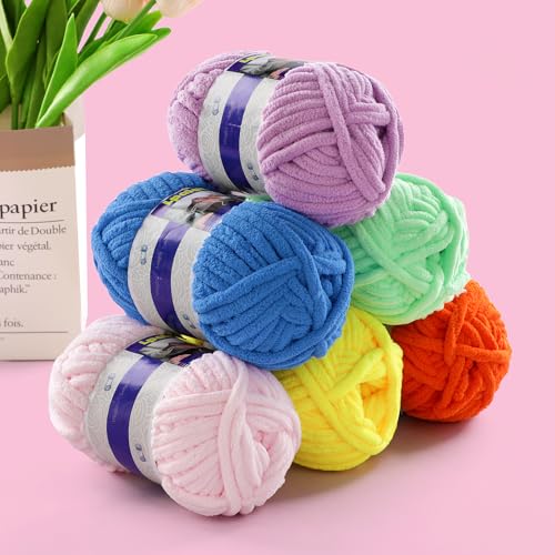 #6 Super Bulky Blanket Yellow Yarn - Chunky Chenille Yarn for Crocheting | Baby Blanket Yarn (Each 3.5oz/100g, 71yds/65m) - Polyester - Thick Plush Fluffy Yarn for Crochet Amigurumi Blankets - color: Chick Yellow