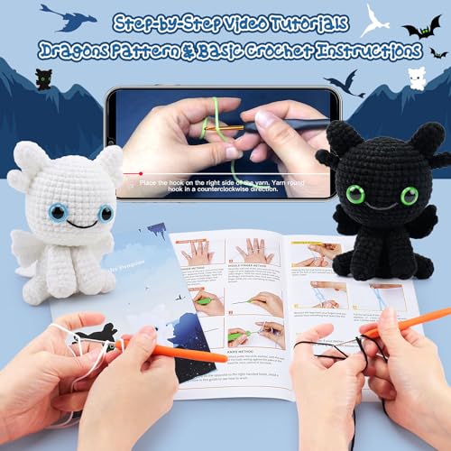 2PCS Dragons Crochet Kit for Beginners Crochet Starter Kit for Adults | Black and White Dragon Crochet Animal Kit with Step-by-Step Video Tutorials, Beginner Crocheting Kits for Birthday - color: Black White Dragon