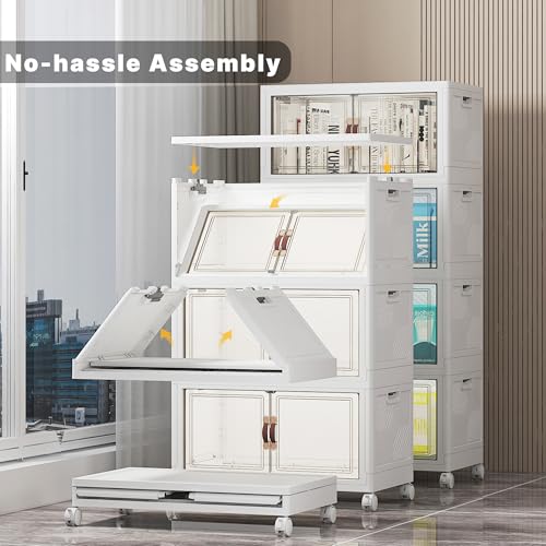 UAMFURI Stackable Storage Bins with Lid, 208QT Plastic Cabinet with Wheels | Large Capacity, Magnetic Door, Stack Lock, Rolling Wheels, Foldable Design, Organizers and Storage for Bedroom Dorm Garage - color: White-52qt, size: 4Pack with 1 top lid