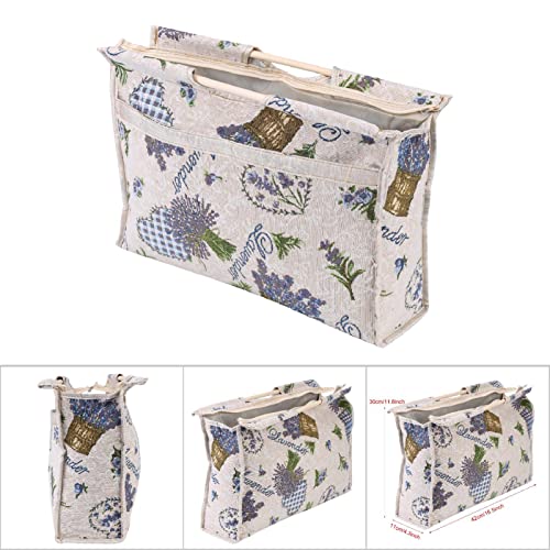 Knitting Tote Bag, Exquisite Practical Yarn Bag Woven Fabric Storage Bag wtih Wood Handle for Knitting Needles Sewing Tools - color: Purple Flower