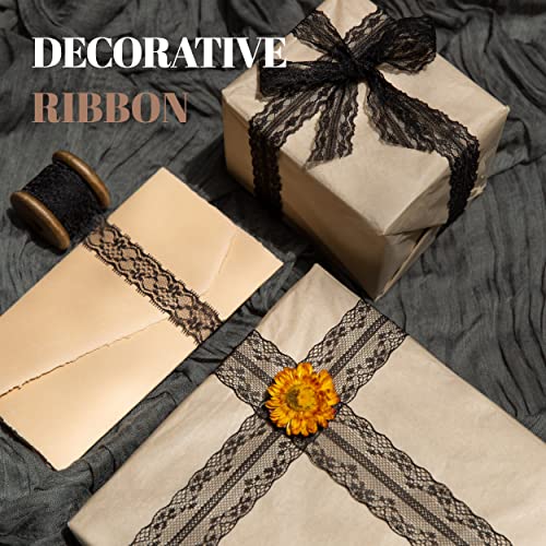 Vitalizart Blace Lace Ribbon Sewing Fabric 3 Rolls Floral Lace Trim 15 Yds | Wooden Spool Fabric Ribbons For Crafts Gift Wrapping Wedding Flower Bouquet Bridal Shower Baby Shower Birthday Hair Bows - color: Black