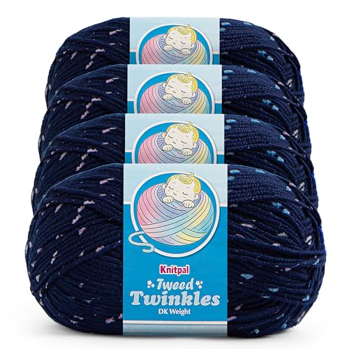 Tweed Twinkles Soft Baby Yarn DK Acrylic 4-Pack (696Yds/400G) Midnight Blue | Acrylic Baby Blanket Knitting Yarn with Free Patterns - Size 3 DK Light Worsted Weight Yarn for Crocheting with Flecks - color: Midnight Blue, size: Pack of 4