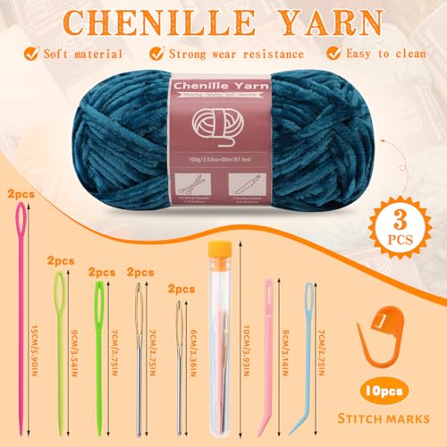 LUNARM Chenille Yarn 3 Pack 3.5oz Chunky Blanket Velvet Yarn 263 Yard | Marine Green Chunky Chenille Yarn for Beginners Crocheting Hand Knitting Scarves with Big Eye Needles Machine Washable - color: Marine Green