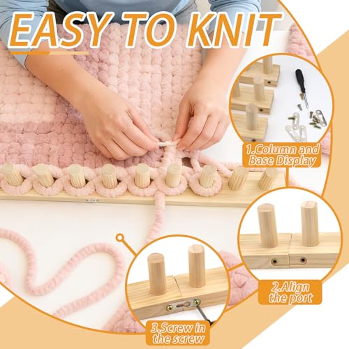 Yitexin 35.4" Chunky Blanket Loom Kit, Adjustable Size Wooden Yarn Hand Knitting Loom, Foldable Chunky Blanket Peg Board with Assembly Accessory for Beginner Yarn Craft Home Decor (Beige)