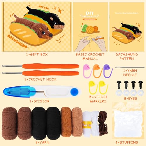 Fortuning's JDS Crochet Kit for Beginners, 2 PCS Dachshund Crochet Kits | Beginner Crochet Kit for Adults Kid w/ Step-by-Step Video Tutorials, Crochet Animal Kit, Dog Craft Knitting Kit Crochet Gifts - color: Brown Black Dachshund Set