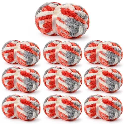 Chunky Jumbo Chenille Yarn Multicolor 10 Pack | 2000g/240yds Super Bulky Baby Soft Yarn for Hand Knitting Fluffy Chunky Knit Throw Blanket Yarn - color: White-Grey-Orange