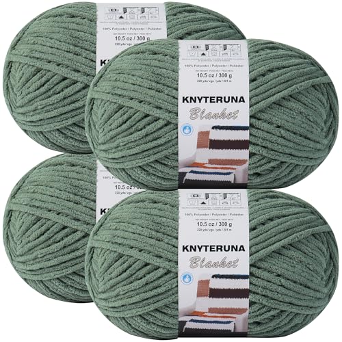 #6 Super Bulky Blanket Yarn for Crocheting - 4 Skeins(Each 10.5oz/300g, 220yds/201m), Chunky Chenille Thick Plush Big Soft Yarn for Crocheting Knitting Blankets, Smoky Green - color: Smoky Green