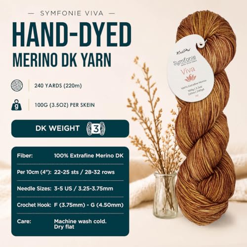 KnitPro Symfonie DK Weight Merino Wool Yarn 240yds, 100g, Caramel | 100% Extrafine Merino, Hand Dyed, OEKO-TEX Certified, Superwash, Colorfast, #3 Yarn Skein for Knitting & Crochet - color: Caramel