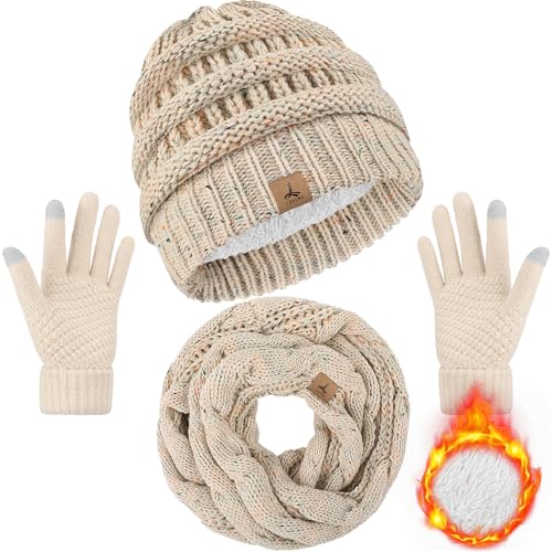LOROME Winter Beanie Hat Scarf Gloves, Warm Fleece Knit Neck Scarf Set Gift | Hats Gloves Scarf Set, Touchscreen Gloves, Universal Size Neck Scarf Set Winter Gifts for Unisex Adult Winter Wear - color: Off White Confetti