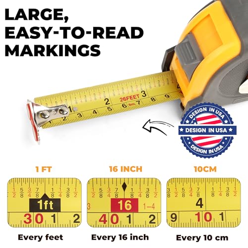 MulWark 25ft Metric Tape Measure, Measuring Tape Retractable, Easy Read Measurement Tape Both-Side Metal Blade, Magnetic Hook & Shockproof Case for Construction, Carpenter, Architect, Woodworking - color: Red, size: 7.9 m