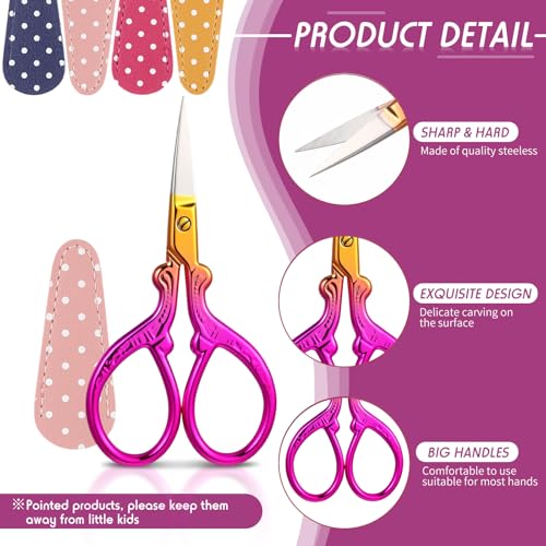 Honoson 4 Pcs Small Embroidery Scissors, 3.6", Simple, Chic Colors | Sewing Scissors with Leather Cover, Sharp Tip for Needlework Cross Stitch Crochet Knitting Craft, Stainless Steel Stork Shear - color: Chic Colors