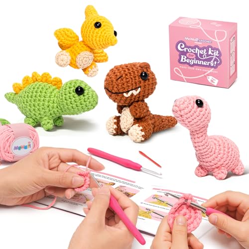 Mewaii Crochet Kit for Beginners, 4 Pack Dinosaur Set Craft Set | 40% Extra Yarn, Video Tutorial, Pre-Started Piece, Beginner Friendly, Family Craft Gift for Adults & Kids - color: Yellow and Pink