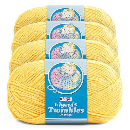 Tweed Twinkles Baby Yarn DK Acrylic, 4-Pack (696Yds/400G), Daffodil Yellow | Acrylic Baby Blanket Knitting Yarn with Free Patterns - Size 3 DK Light Worsted Weight Yarn for Crocheting with Flecks - color: Daffodil Yellow, size: Pack of 4