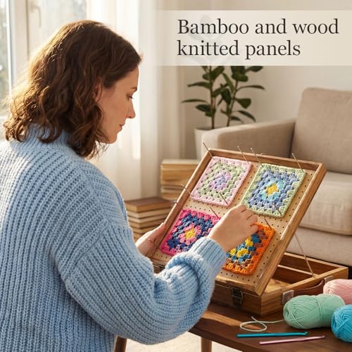 Fiwochic 12" Crochet Blocking Boards with Storage Drawer and Pegs for Crochet Projects, Granny Square Bamboo Blocking Board, Crocheting Accessories Gifts for Grandmothers, Crocheters