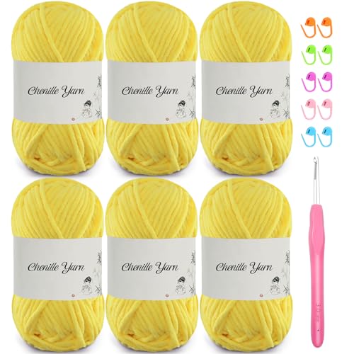 6 Pack of 1.76oz Chenille Yarn for Crocheting,60yards Soft Fluffy Velvet Yarn, Ideal Crochet for DIY Baby Blankets Toys Scarves Throw Pillows Hats Cushions(Yellow) - color: Yellow