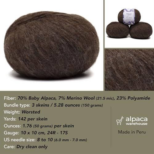 Baby Alpaca Merino Yarn 3 Skeins 150g Worsted Weight Knitting Mocha | Pullu baby alpaca merino blend made in Peru 3 skeins 150g 426yd total for knitting and crochet sweaters scarves and hats - color: Mocha
