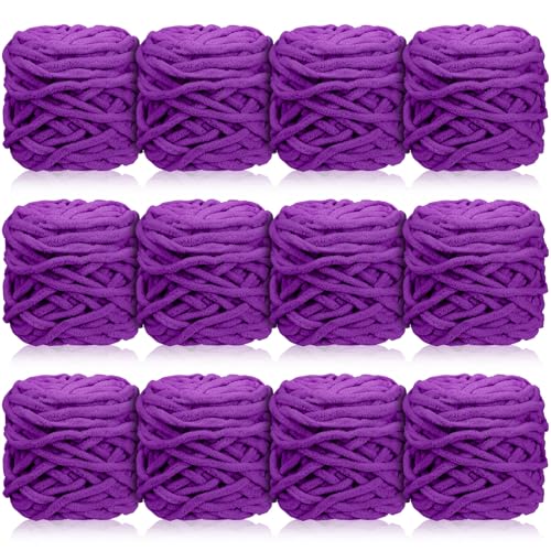 Timgle 12 Skeins Chunky Chenille Yarn for Crocheting, 552 Yards Bulky Purple Thick Fluffy Yarns Soft Velvet Plush Yarn for Hand Knitting Blanket Crafts Project - color: Purple