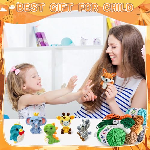 Asopetch 6Pcs Crochet Kit for Beginners, DIY Craft for Adults and Kids, Great Gife for Crochet Lovers, Crocheting Animal Kits with Step by Step Videos,Yarn,Crochet Hook,Birthday, Holiday Gift