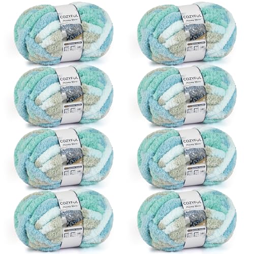 Cozyful Chunky Yarn for Hand Knitting - #10 Chunky Chenille Blanket Yarn, Jumbo Big Thick Chunky Yarns for Crocheting, Tie Dye Bulky Knit Yarns, 8 Skein (20 yds 8 oz Each Skein), Khaki & Teal & Blue - color: Khaki & Teal & Blue