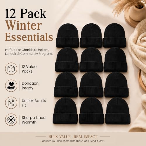 Yacht & Smith Wholesale Beanie and Glove Winter Bulk Kit, Kids Adults Bulk Sets, Homeless Donation Shelters - color: 12 Pack Adults (Black Faux Fur Sherpa)
