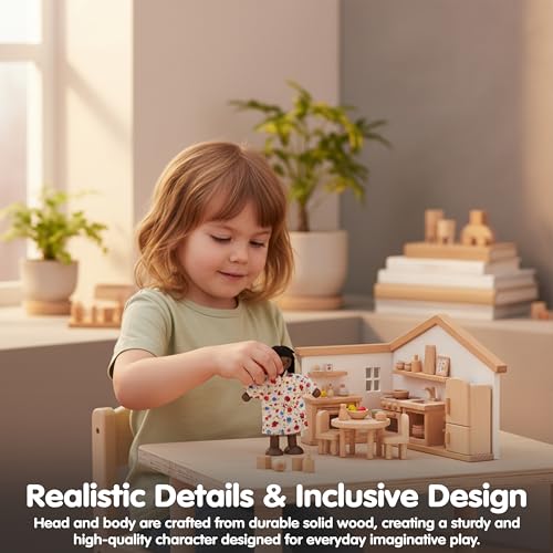 PlanToys® Mother Poseable Wooden Dollhouse Figurine 1:12 Scale 5-Inch Doll | mom character, doll house people accessories, bendable arms, kids pretend play, girls montessori learning gift 3+ for boys - color: African American Mom