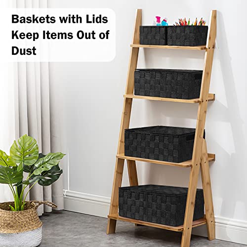 Storage Baskets with Lids: 5 Pack Stackable Woven Storage Bins, Black | Decorative Woven Baskets for Organizing with Built-In Handles for Shelves, Closets, Cabinets and Cubbies, Gift Small Basket - color: Black, size: 5pack with Lids