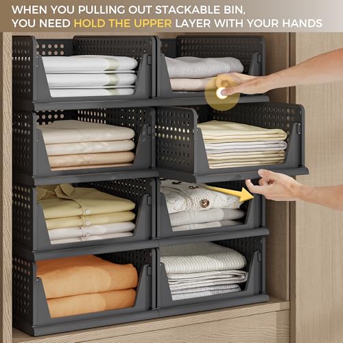 8 Pack Closet Organizer Storage Bins Stackable Plastic Drawer Shelf | Basket for Clothing Stackable Storage Bins Shelf Storage Container for Closet Wardrobe Bedroom Bathroom Office Grey Foldable - size: 8 Pack L