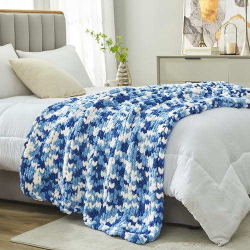 Chenille Chunky Knit Throw Blanket for Couch 50"x60", Space-Dyed Blue | Handmade Chenille Crochet Throw for Sofa Bed, Thick Cable Knitted Blankets for Room Home Decor, Birthday Gift for Women - color: Blue&white, size: 50"x60"