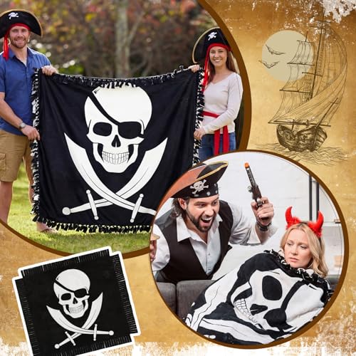 Chumia 2 Pcs/1 Set Pirate Tie Blankets Craft Kit 57 x 57 Inch Jolly Roger DIY No Sew Fleece Blanket Skull No Sew Fabric Grunge Skeleton Tie Knot Throw Craft Gift for Pirate Themed Birthday Party Favor - style: Skull