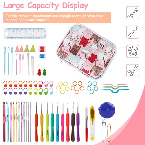 Katech Crochet Hooks Case Empty Zipper Bags Portable Travel Crochet Storage Bag Organizer with Web Pocket and Crochet Holder Slots for Carrying Various Crochets Needles (Pink) | Travel Crochet Storage Bag Organizer with Web Pocket and Crochet Holders Slot