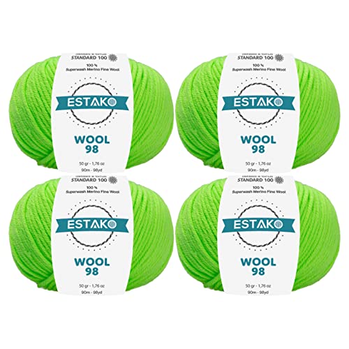 Estako Wool 98 100% Superwash Merino Wool Worsted Yarn, Pistachio 4-Pack | 7.04 oz, 392 yds, cyc 4 medium, aran, machine washable, 5 mm needles, 6 mm hook, 20 sts gauge, crocheting, sweaters - color: 6391 - Pistachio, size: 4 Skeins