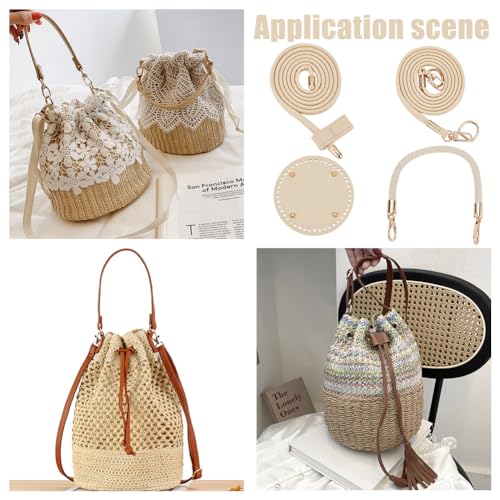 WADORN DIY Handbag Making Kits, Handmde Crochet Knitting Bucket Tote Bag Making Accessories Include Round PU Leather Bag Bottom Bag Shoulder Strap Braided Leather Handle Strap and Drawstring Strap - color: Round Bottom Kit