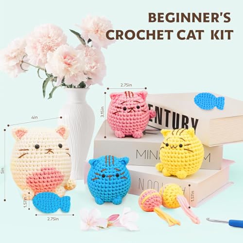 Crochet Kit for Beginners - Learn to Crochet 4 Adorable Cat Amigurumi with Step-by-Step Video Tutorial and Easy Peasy Yarn, Complete Starter Kit for Adults Kids, DIY Craft Gift for Birthday Christmas - color: Cat Family