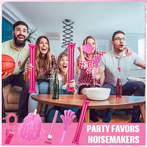 48 Pcs Cheerleading Pom Poms Thunder Sticks Plastic Whistles with Lanyards Squawker Horns Hand Clappers - color: pink