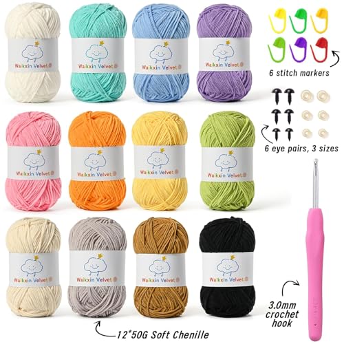 12 Pack Fluffy Chenille Yarn for Crocheting, Baby Yarn for Crocheting Soft, 600g/21oz Velvet Fingering Weight Amigurumi Yarn for Crochet Baby Blanket&DIY Crafts.(Set B) - color: 12 B